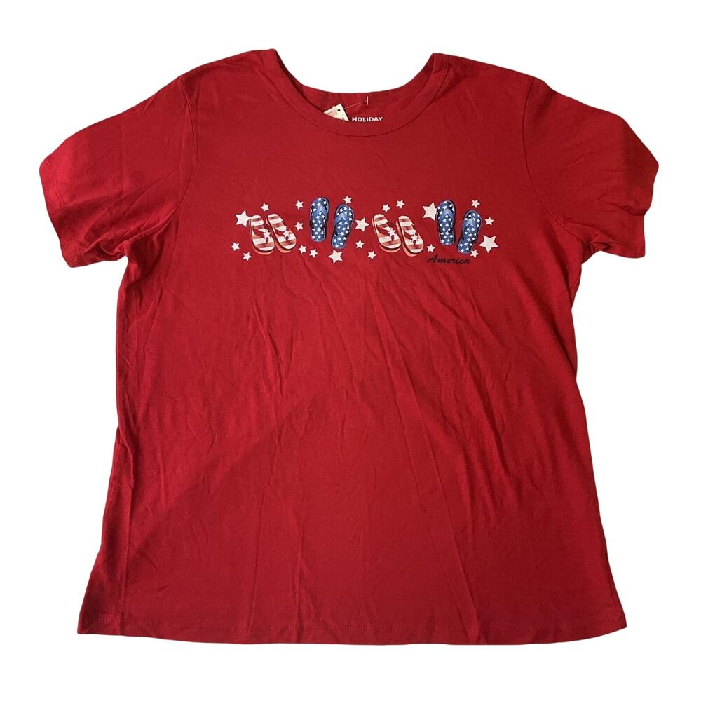 Holiday Editions Women Shirt Size M Red Graphic Print Crew Neck Pullover America